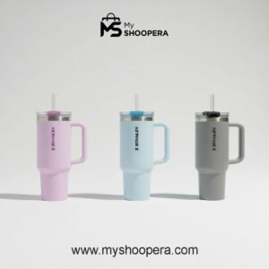 Collection of Stanley Quencher Tumblers in Pink, Blue, and Grey colors for daily hydration - My Shoopera
